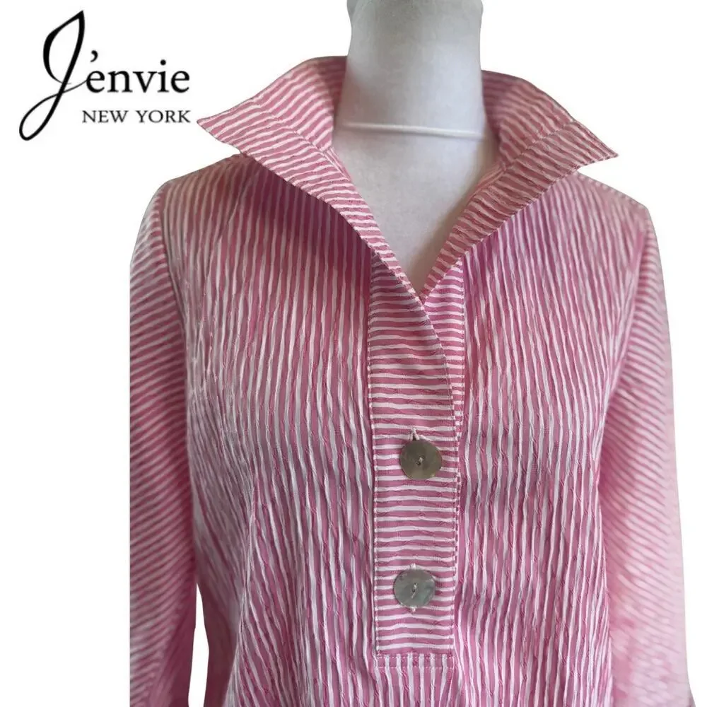 J’Envie Havana Pink White Stripe Long Sleeve cotton stretch seersucker tunic 8 M